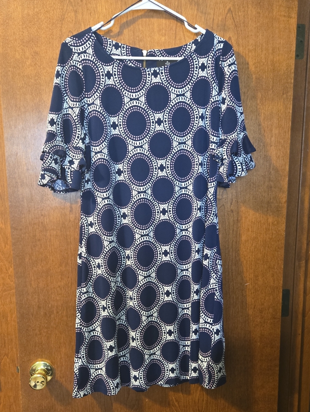 Ronni Nicole Navy and White Circle-Print Ruffle Sleeve Mini Dress